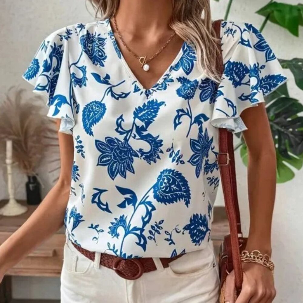 White and Blue V-Neck  Floral Blouse Size XL NEW NWOT